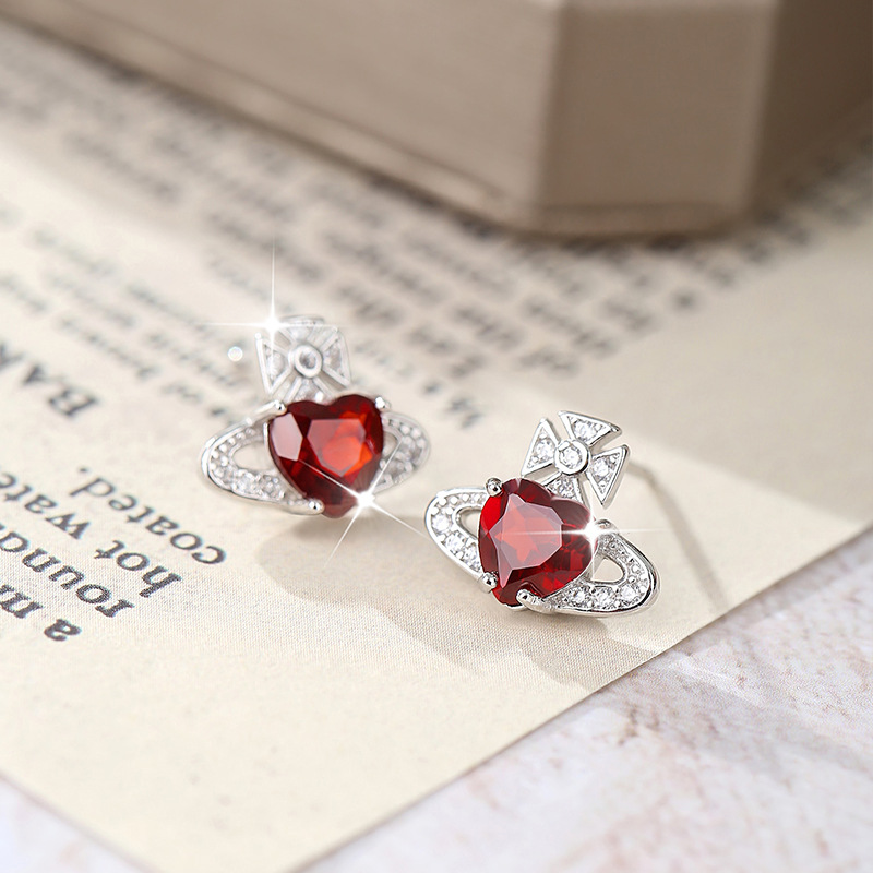 Empress Crystal Earrings Full of Diamonds Heart-Shaped Natural Stone Saturn High-End Design S925 Sterling Silver Niche Earrings for Women