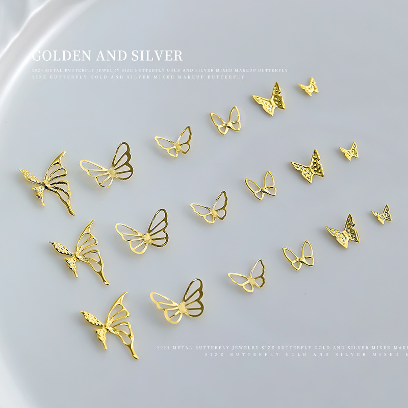 Nail art accessories gold silver size alloy butterfly three-dimensional light luxury hollow shaped all-match nail art accessories wholesale