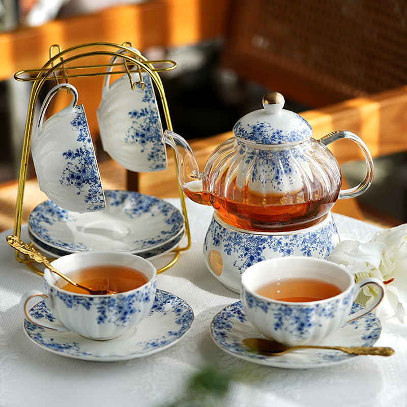 English Afternoon Tea Set Flower Tea Pot Set Those Time Candles Heating Glass Tea Pot Scented Tea Cups and Saucers