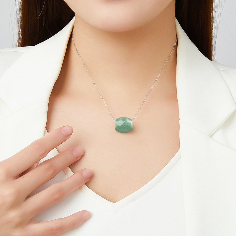 Natural A Jade Passepartout Pendant Ice Jade Stone Bean Green Barrel Bead Women's Jade Pendant with 925 Silver Chain Wholesale