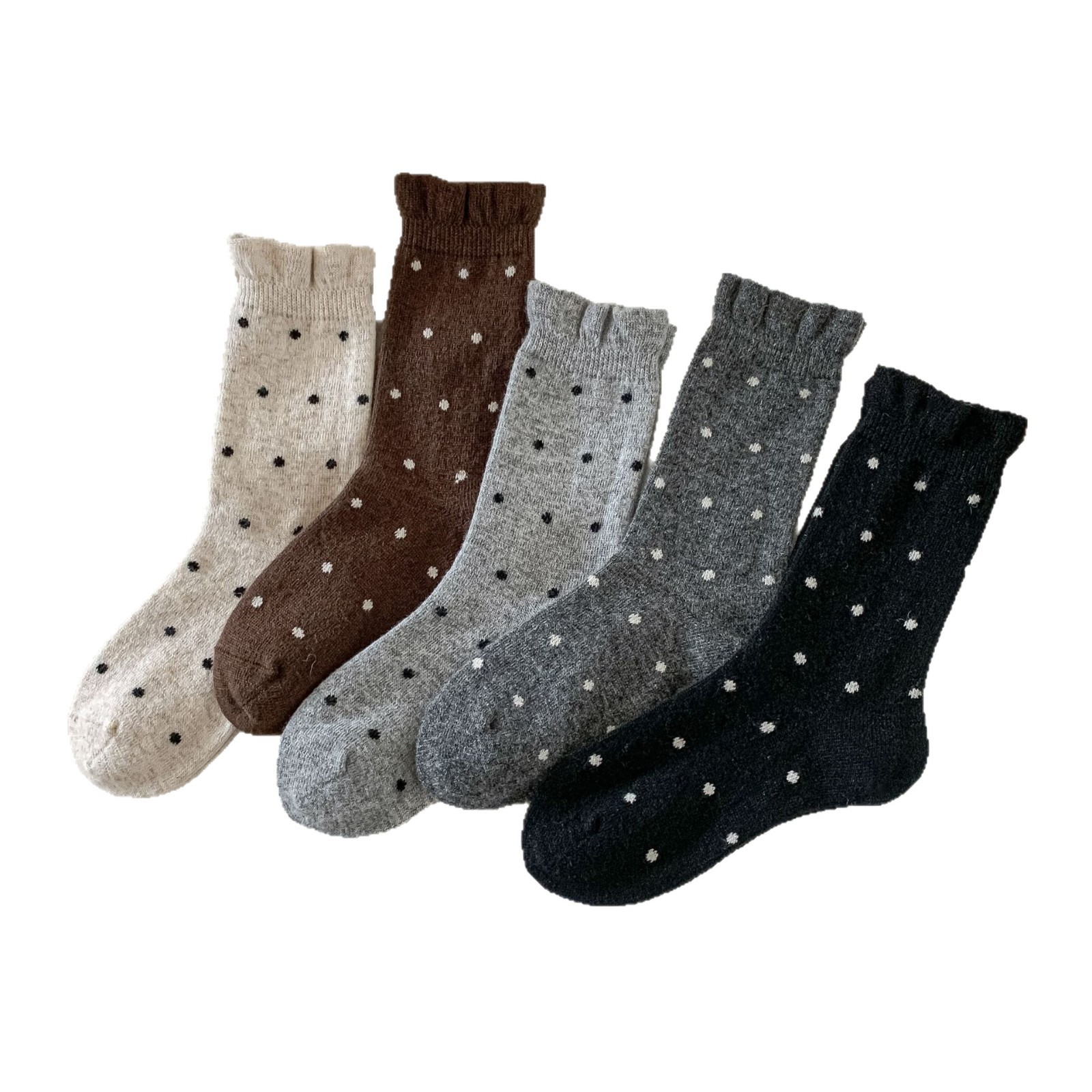 Wool Socks with Ruffles, Polka Dot Mid-Calf Socks for Women, Sweet and Elegant Slouch Socks, Thickened for Autumn and Winter, Warm Lace Socks