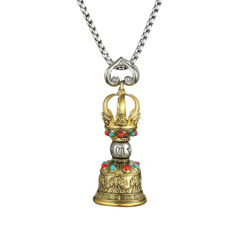 Nepalese Xizang-Style Colorful Brass Five-Pronged Pestle Pendant Necklace for Men and Women