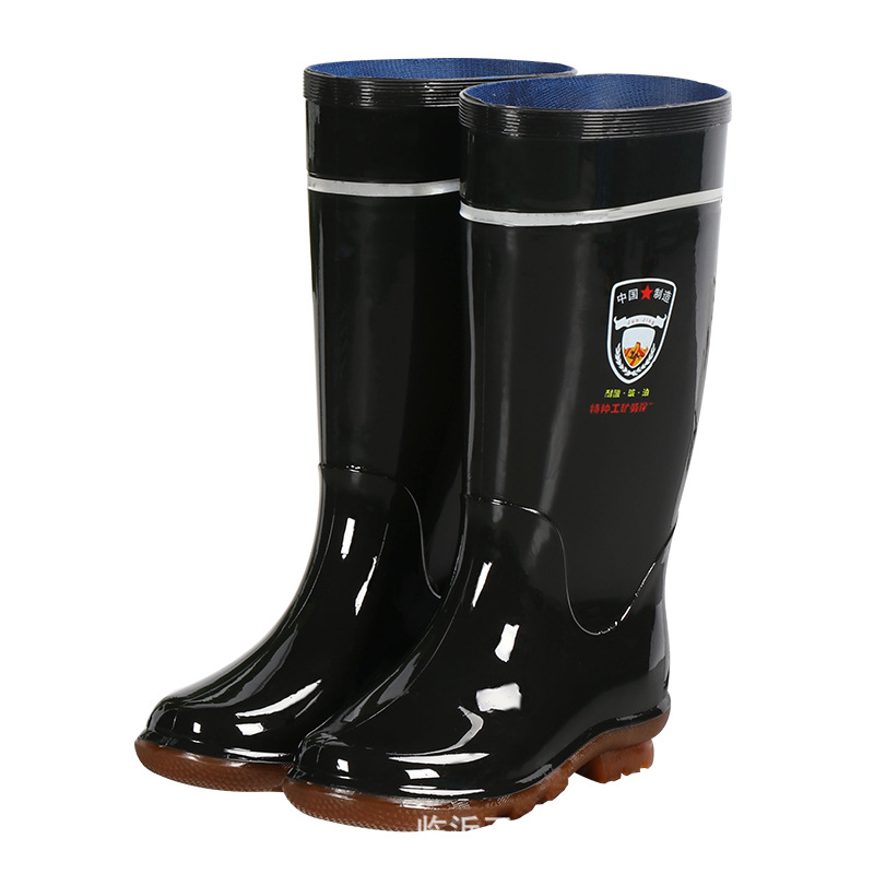 Men's Thickened Rain Boots for Labor Protection at Construction Sites, Cow Tendon Soles, Non-Slip, Wear-Resistant, Waterproof Rubber Shoes, Black High-Top Water Shoes