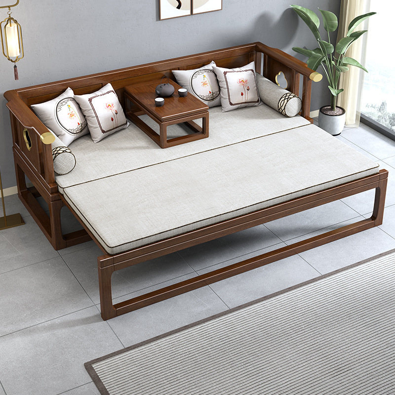 New Chinese Solid Wood Rohan Bed Walnut Small Apartment Telescopic Push-pull Bed Sofa Bed Multifunctional Tea Bed Rohan Chair
