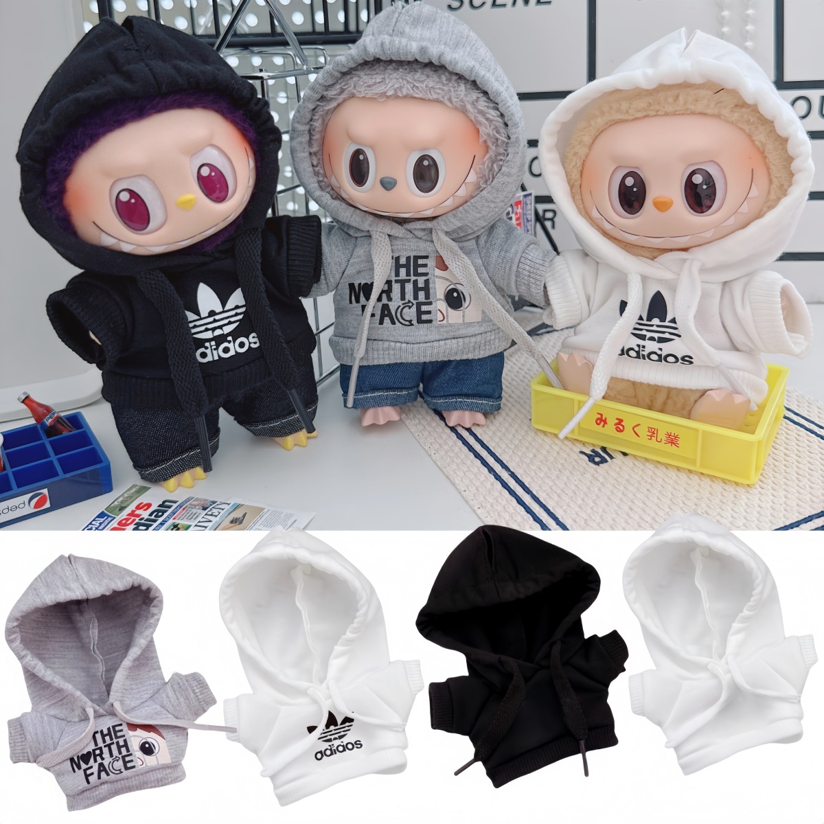 17cm Labubu Labubu Doll Coat 10cm Cotton Doll Mickey Family Black and White Grey Fashionable Sweater Hoodie Pants