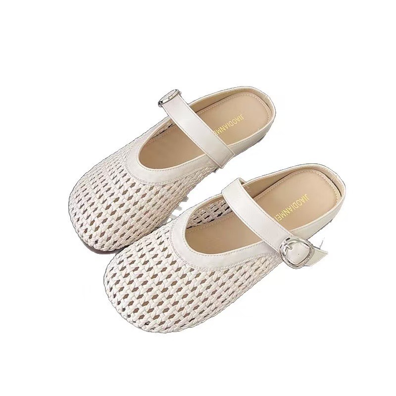 2025 Woven Mesh Breathable Baotou Slippers Women's Summer Wear French Flat Lazy Slip-on Half Slippers