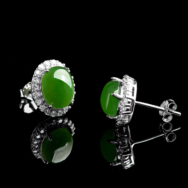 Spinach Green Natural Old Material Hetian Jasper Egg Face Earrings for Women Genuine S925 Silver Jade Stone Earrings