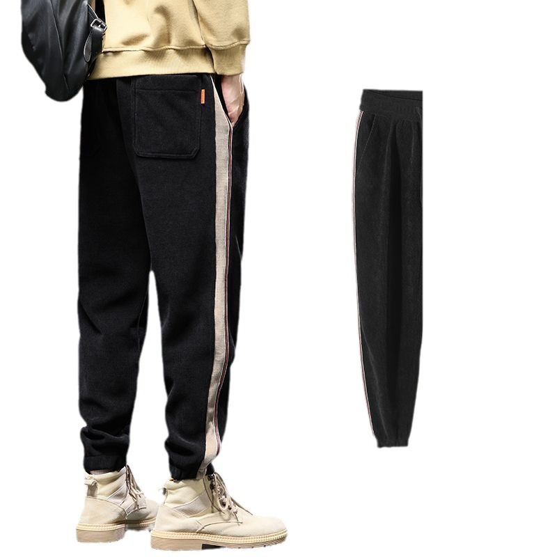 Men's winter thickened trendy loose corduroy sweatpants ankle-tied casual pants fleece-lined trousers men's warm sports pants