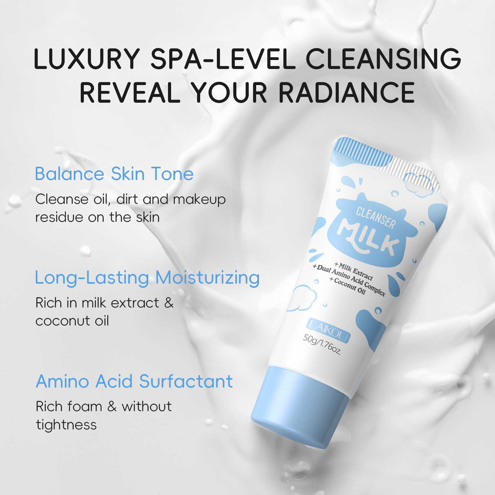 Cross-Border New Product Laiko Milk Facial Cleanser 50g Hydrating Moisturizing Cleans Pores Cross-Border Export Facial Cleanser Wholesale