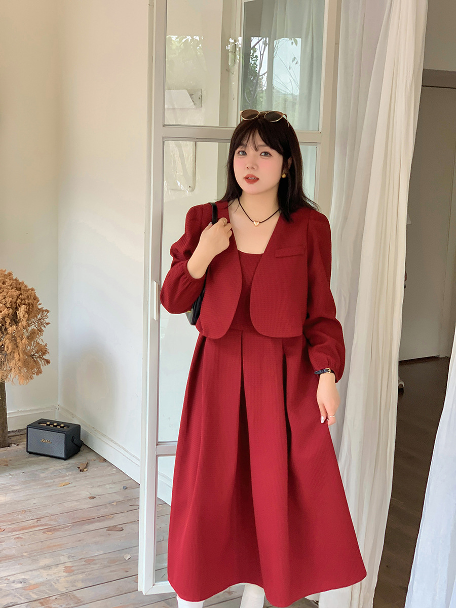 2377 Xuanchen Slightly Plump French Retro Waist-Cinching Elegant Dress Set Autumn New Romantic Two-Piece Set for Women