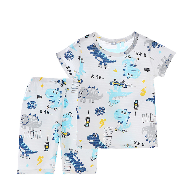 Children's Short Sleeve Suit Cotton Slub Cotton Air-conditioning Suit Home Clothes Pajamas Boys and Girls Half Sleeve