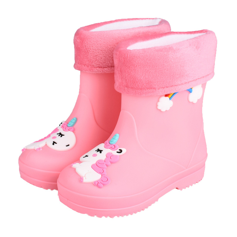 Cross-Border Ready-Made Children's Rain Boots for Girls, Velvet-Lined Boys' Non-Slip Water Shoes, Four-Season Cartoon Cute Rain Boots for Children