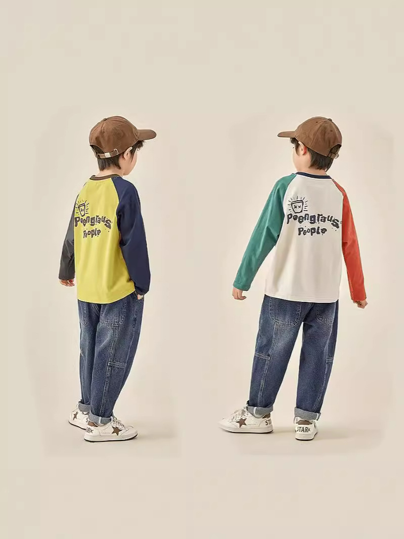 Children's Pure Cotton T-Shirt Spring and Autum Boys' Raglan Long-Sleeved Casual Medium and Large Kidsren's Sweatshirt Top 100% Cotton