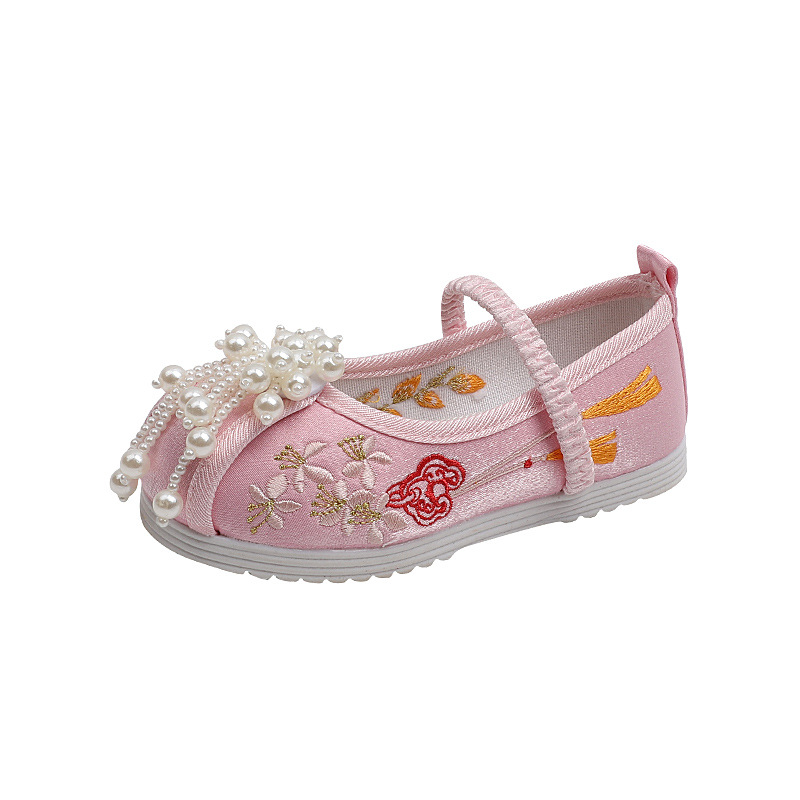 Ethnic Style Children's Cloth Shoes Strain Ancient Clothes Shoes Middle and Big Children's Embroidered Shoes Girls' Hanfu Shoes Pearl Strain Antique Shoes