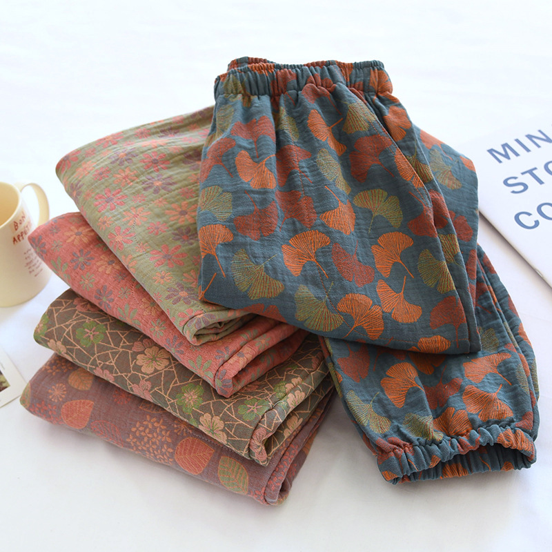 Винтажные пижамные штаны с жаккардовым узором, женские, весна, лето, осень, хлопковые, тонкие, домашние штаны, свободные повседневные брюки