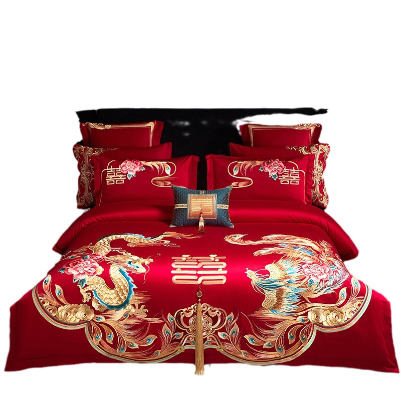 Long-staple cotton 120 wedding four-piece set red embroidery dragon and phoenix wedding escort six-piece set Chinese luxury cotton