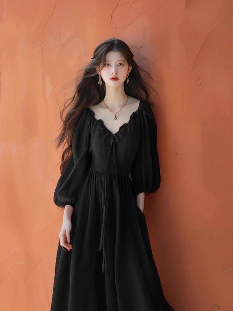 [in stock] 2512 new micro fat mm plus size seaside French red V-neck dress women's A- line skirt