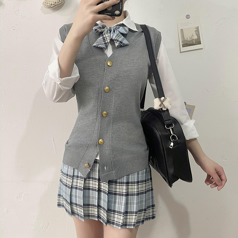 College Style Thin Jk Uniform Plaid Skirt Suit Student Knitted Cardigan Sweater V Neck Vest Vest Women