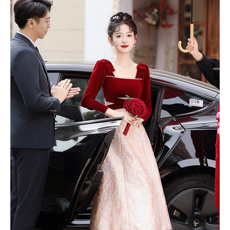 Toast Wear Bridal Temperament Square Neck Small Engagement Dress Back Door Casual Wear 2025 New Spring and Autumn