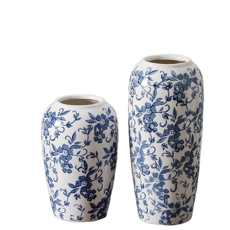 New Chinese Style Advanced Sense Blue and White Porcelain Vintage Vase Ceramic Creative Flower Ornaments Living Room Hallway Decorations