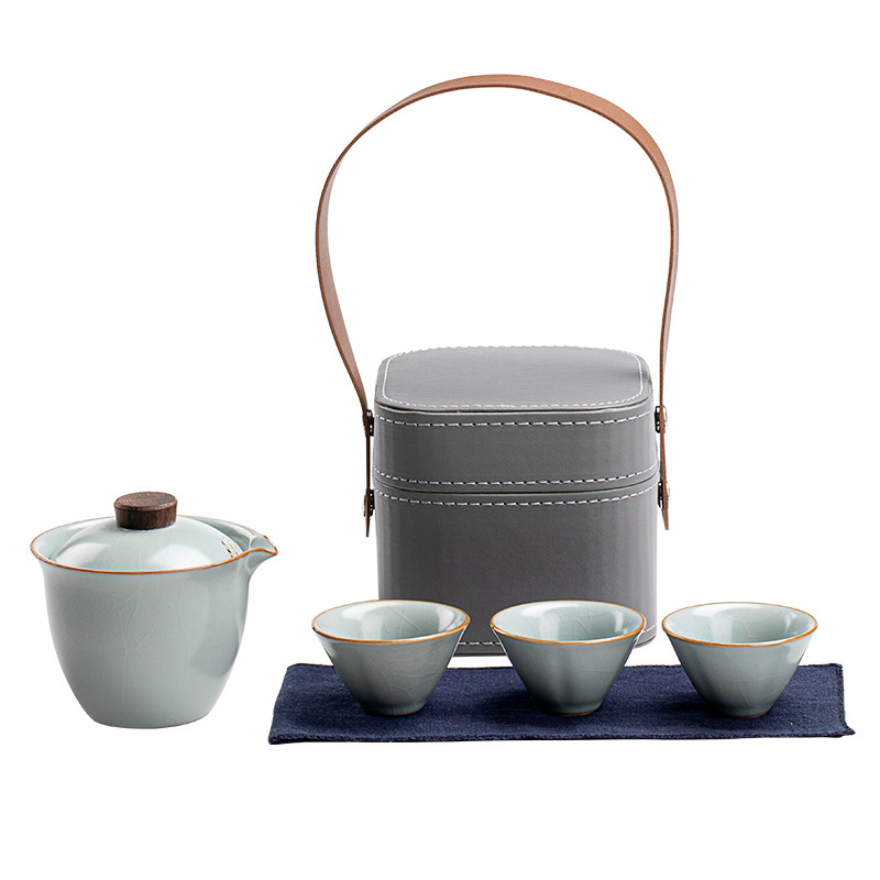 Ru Kiln travel tea set suit outdoor portable one pot three cups kung fu tea making express Cup complete set of hand gifts