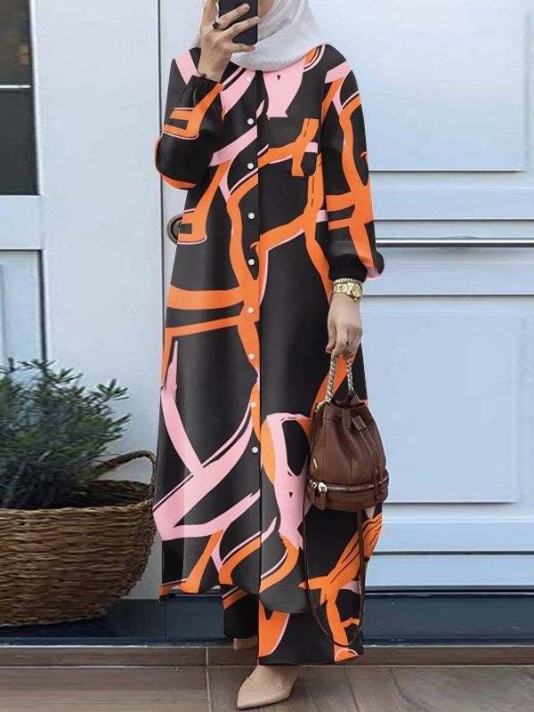 2024 Muslim Women's Fashion Floral Print Two-Piece Spring and Autumn Clothing Retro Long Shirt Wide Leg Pants suit