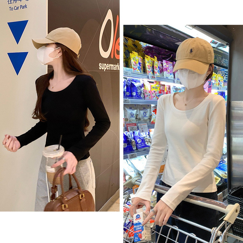 95% Cotton Long-Sleeve T-Shirt for Women, Regular Shoulder, U-Neck, Slim Fit, Simple Solid Color, Suitable for Spring and Autumn, Can Be Worn as Outerwear or as an Inner Layer in Winter