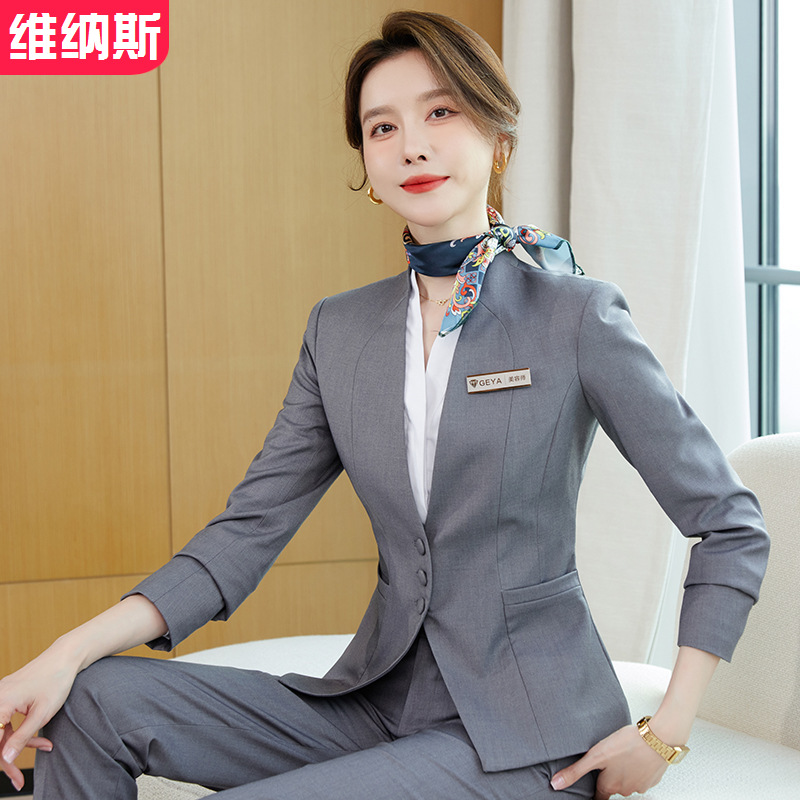 Оптовая продажа осенней новой профессиональной рабочей одежды для салонов красоты, ювелирных магазинов и менеджеров отелей без воротника для женщин