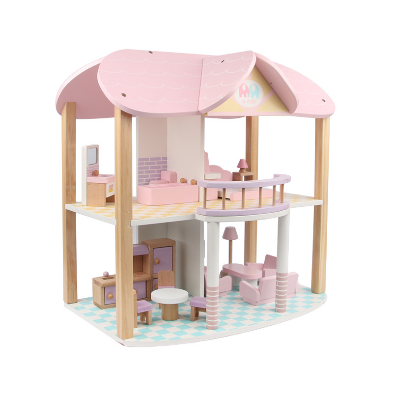 Wooden pink princess doll house simulation Castle small Villa children play house cabin girl gift toy