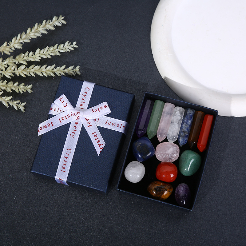 Cross-border Hot Sale Natural Colorful Crystal Hexagon Column Love Original Stone Combination Rolling Stone Ore Specimen Gift Box suit