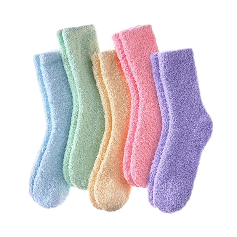 Cross-Border Solid Color Coral Velvet Socks Mid-Calf Socks Autumn and Winter Warm Home Floor Socks Women's Thickeneded Towel Slippers Socks
