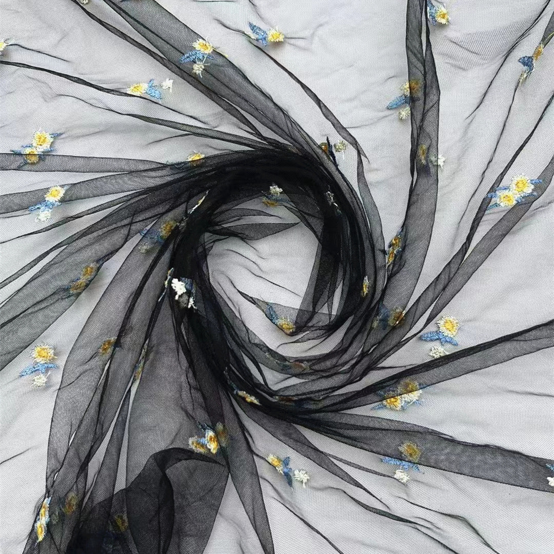 New Summer Small Floral Girl Princess Dress Embroidered Fabric Factory Direct Sunflower Mesh Embroidered Fabric