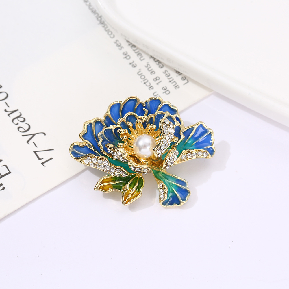 Chinese Style Enamel Peony Flower Brooch Advanced Pearl Corsage Cheongsam Pressage Break-proof Pin for Women's Clothing