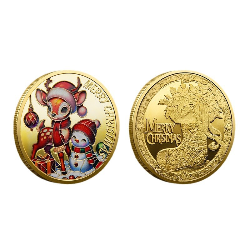 Foreign Trade Christmas Commemorative Medal European and American Santa Claus Sleigh Auspicious Deer Colorful Commemorative Gold Coin Decision-Making Game Coin