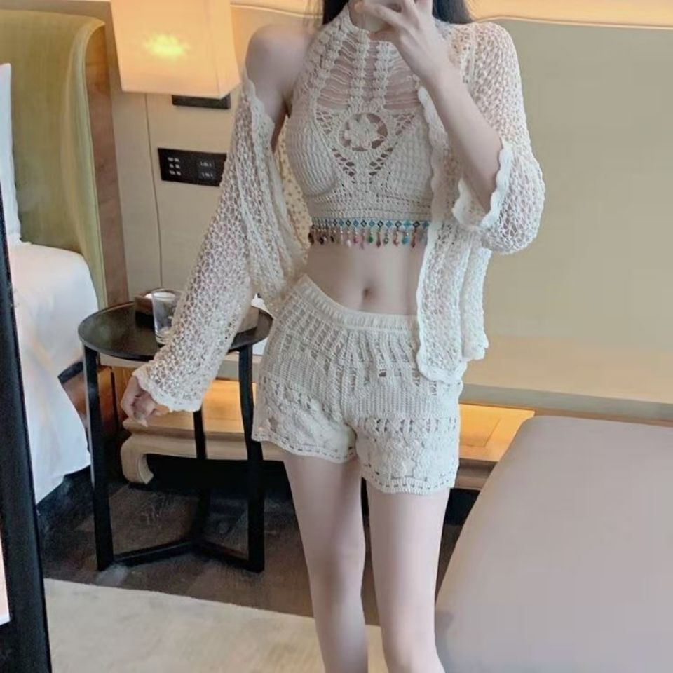 Three-piece openwork cardigan jacket + temperament condole belt hot spring swimsuit + foreign style shorts Fashion suit slim