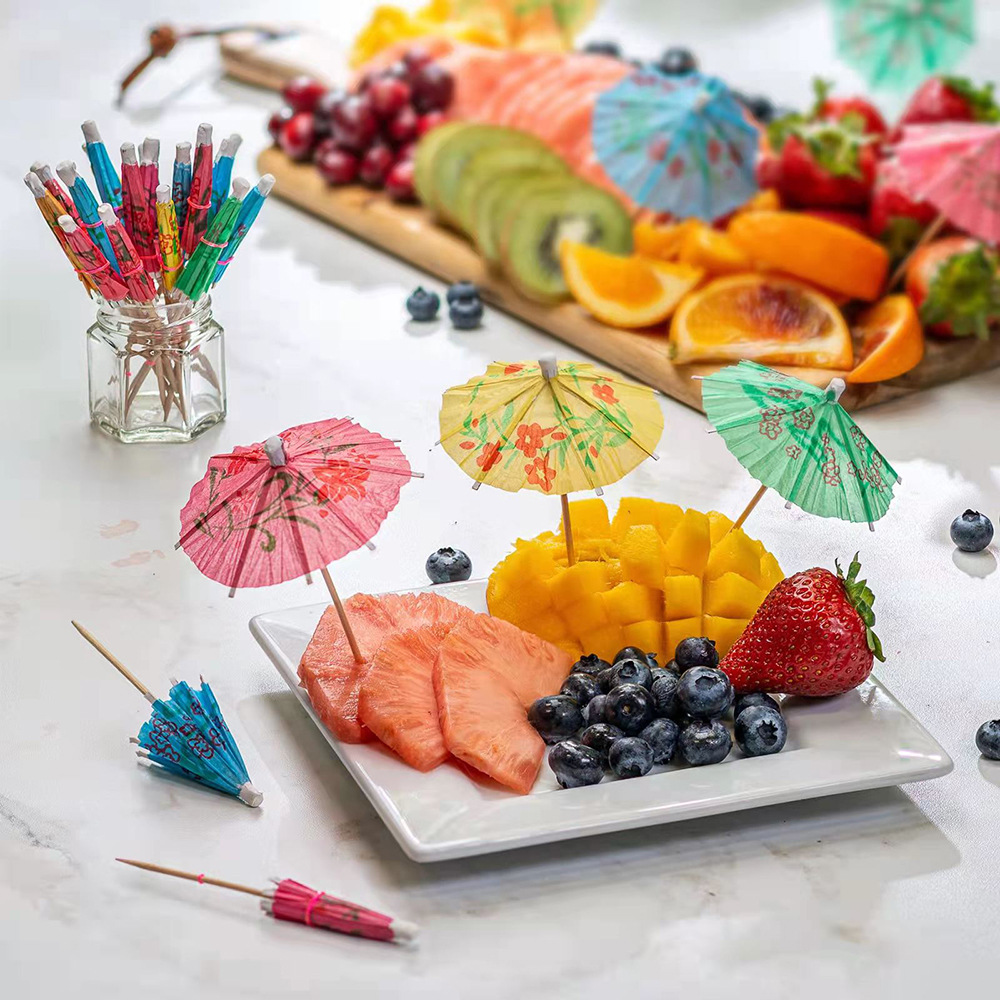 Disposable Small Umbrella Sign Fruit Sign Fruit Plate Decorative Sign Cold Dishes Platter Decorative Flower Umbrella Sign Flower Paper Umbrella Small Umbrella