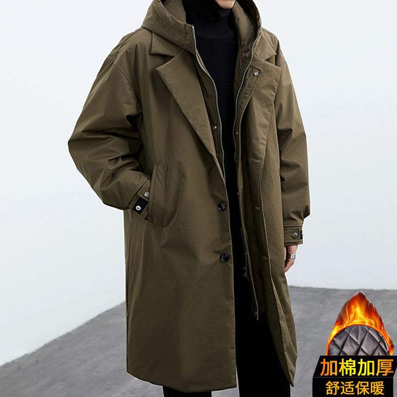 2023 Winter New Korean Style Coat Jacket Men's Trendy Fake Two-piece Hooded Mid-length Trenchcoat for Men