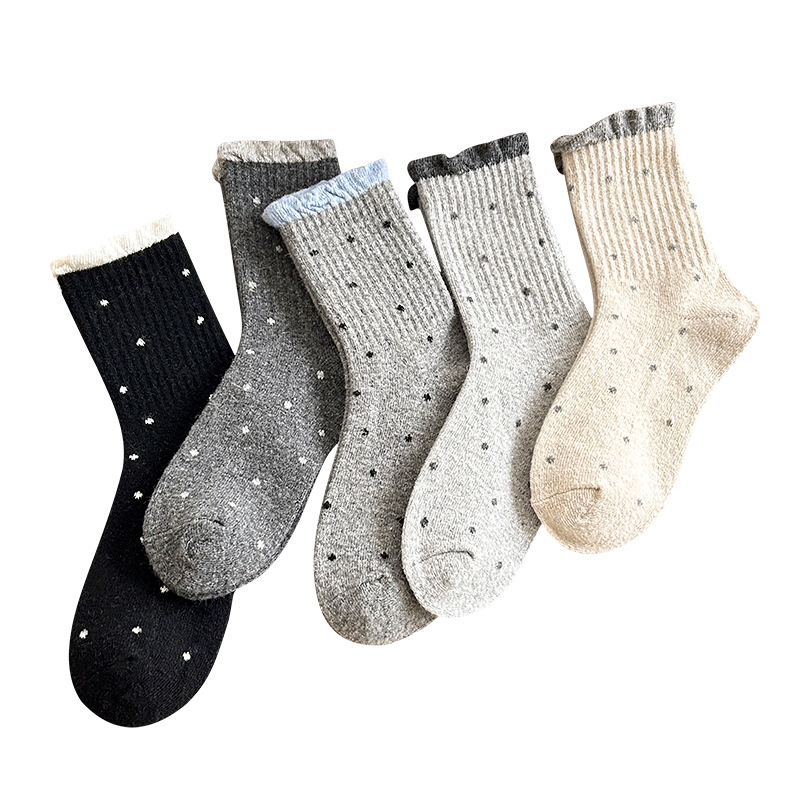 Women's Wool Socks, Long Tube, Winter Popular Style, Fleece-Lined, Thickened, Warm, Polka Dot, Gray Lace Socks for Women, Zhuji