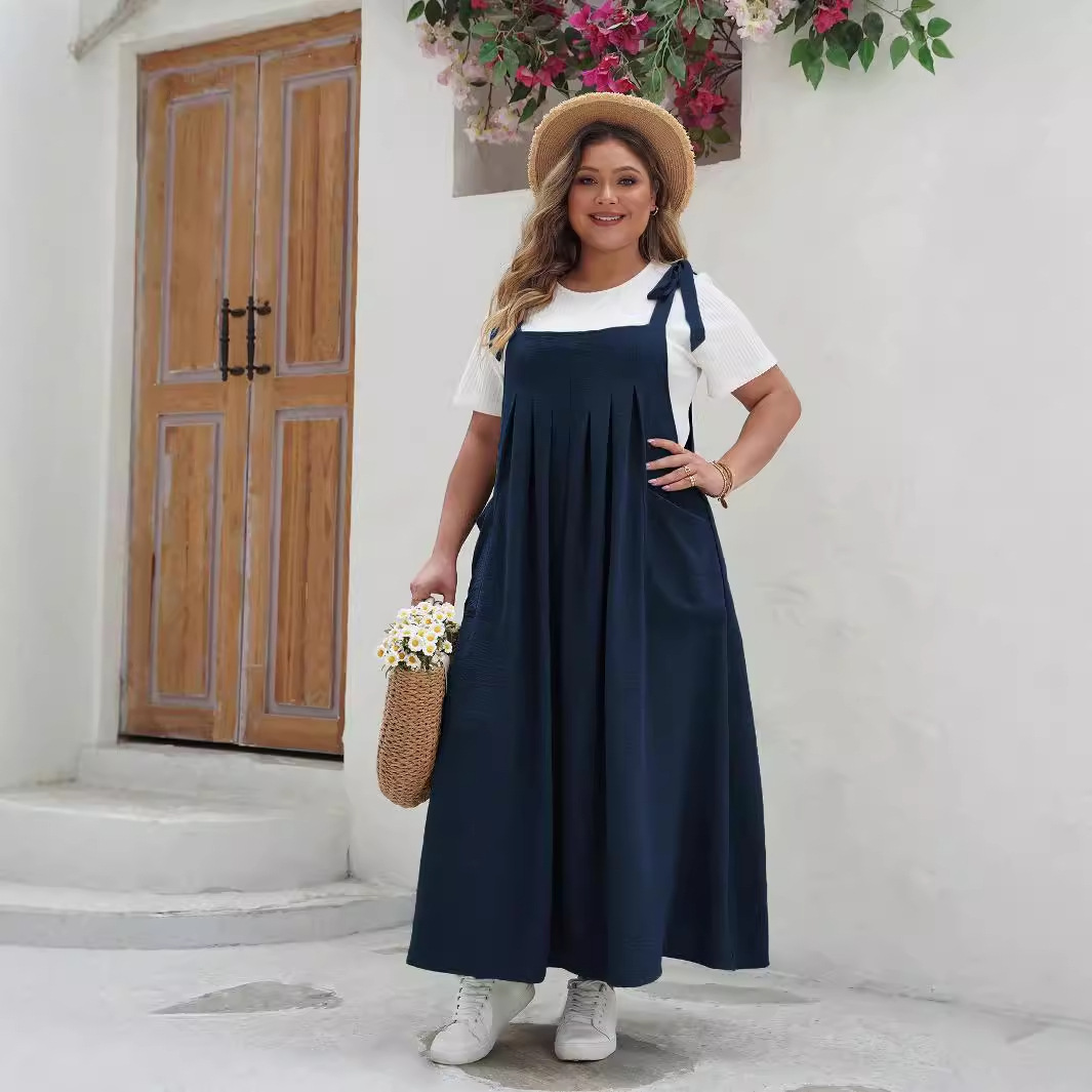 AliExpress Amazon in stock Summer New Women's plus size chubby girl Fashion European and American Solid Color Sling One-Body Dress for Women