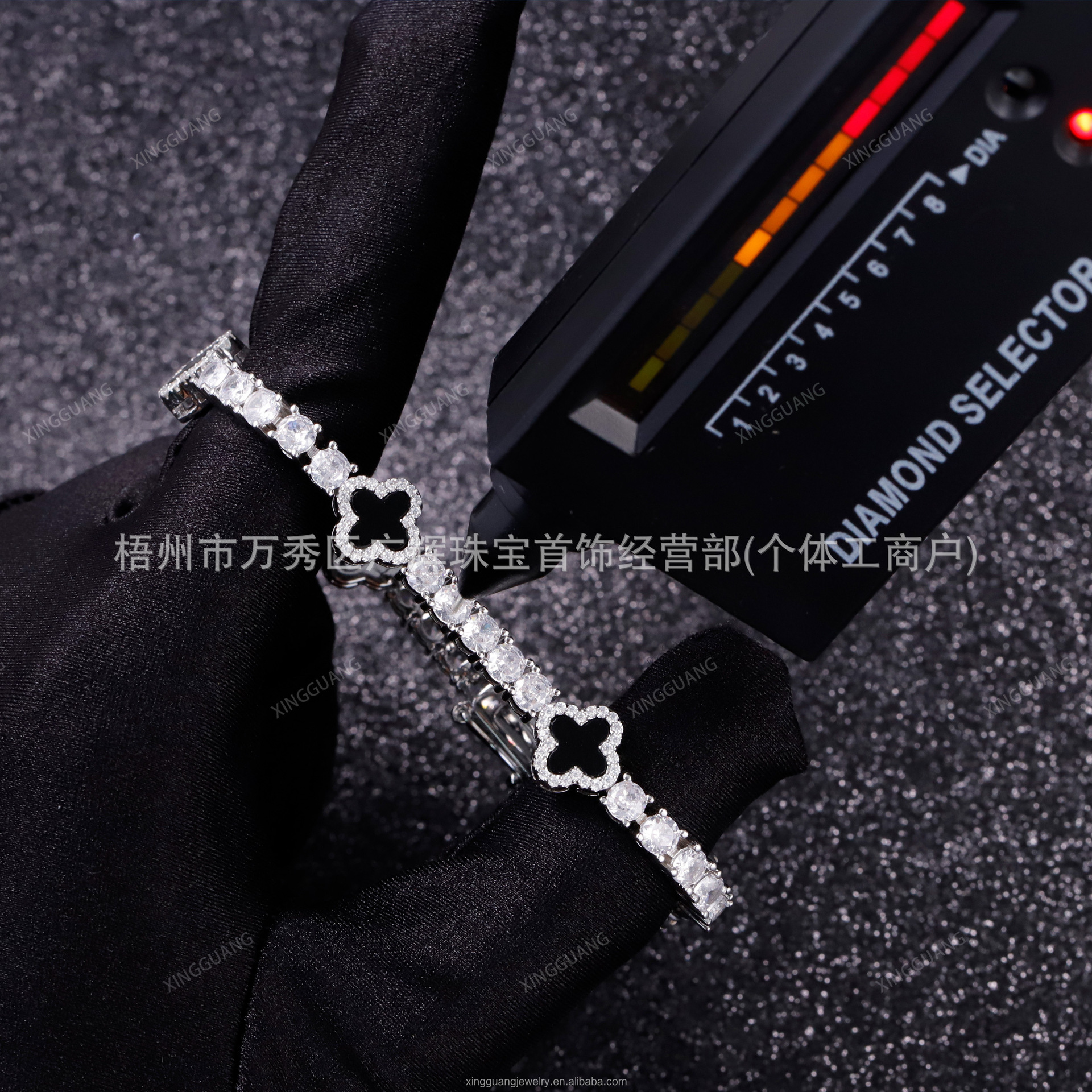 Cross-Border 925 Silver Vvs Moissanite Bracelet Black Agate Four-Leaf Hip Hop Fashion Bracelet