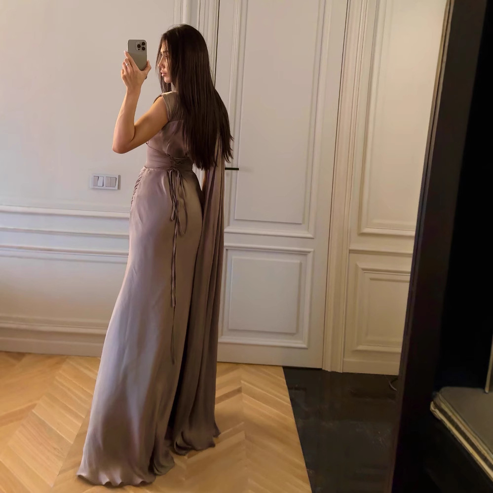 2025 Spring and Summer Cross-border Europe, America and the Middle East Foreign Trade Women's Clothing Independent Station Amazon Pleated Ribbon Satin Evening Dress