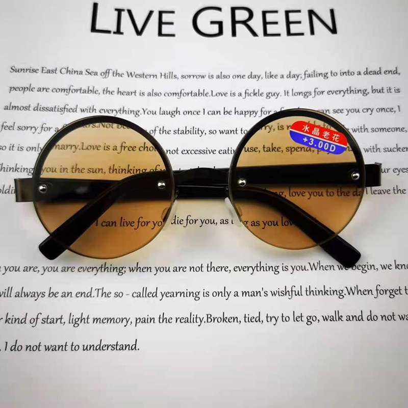 New half frame perforated round crystal reading glasses East China Sea crystal glass lenses retro metal glasses wholesale