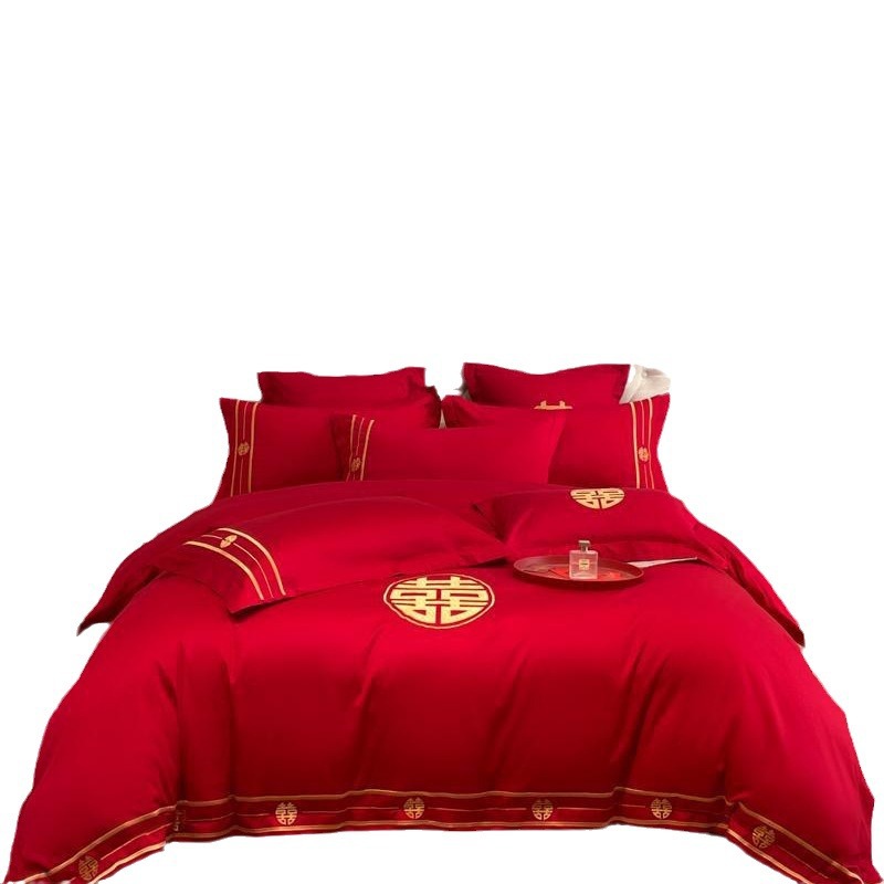 Simple Chinese Wedding Four-piece Set Big Red Dragon and Phoenix Embroidery Wedding Bed Sheet Quilt Cover Wedding Bedding