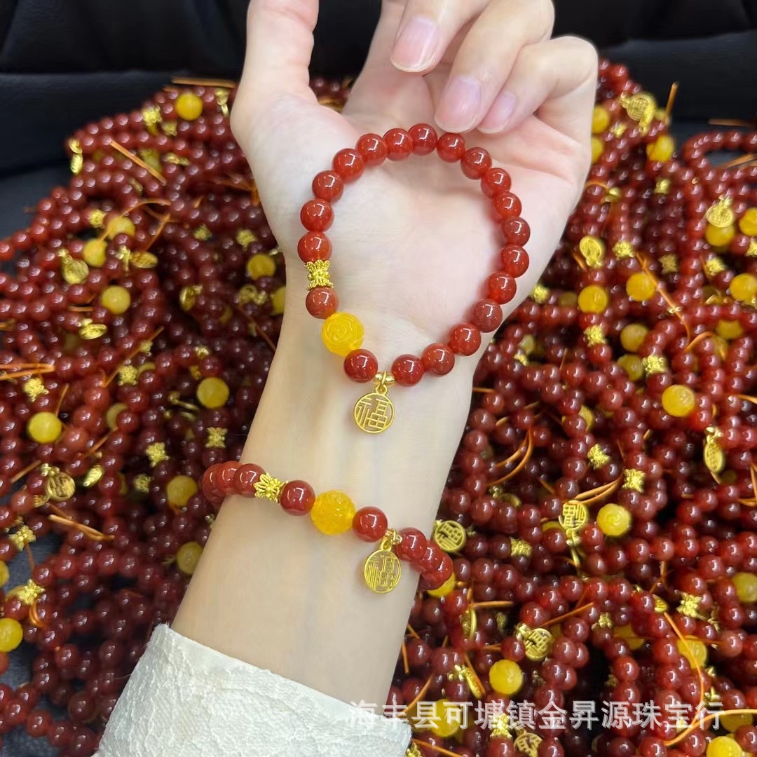 Natural Red Agate Bracelet South Red Bracelet with Beeswax Fortune Pendant Temple Live Welfare Wholesale