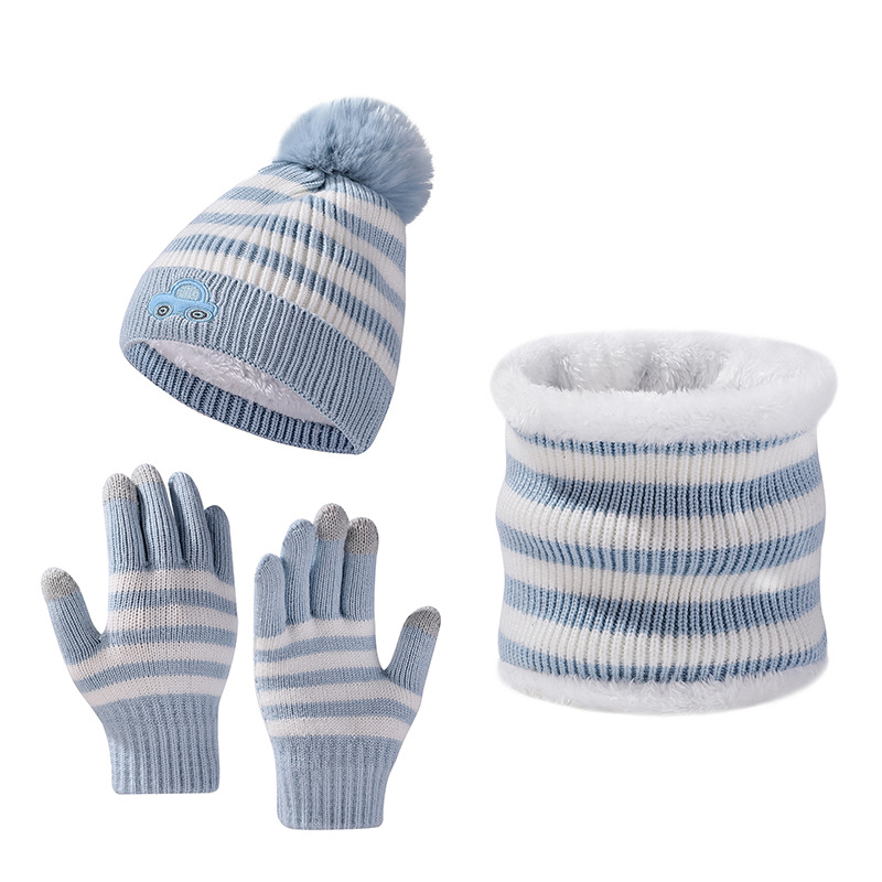 Cross-border children's warm knitted hat scarf gloves snowflake three-piece cartoon car pattern hat suit winter
