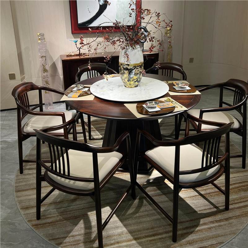 Designer New Chinese Style Ebony Solid Wood Dining Table and Chairs for Large Households to Eat Round Table Modern Villa