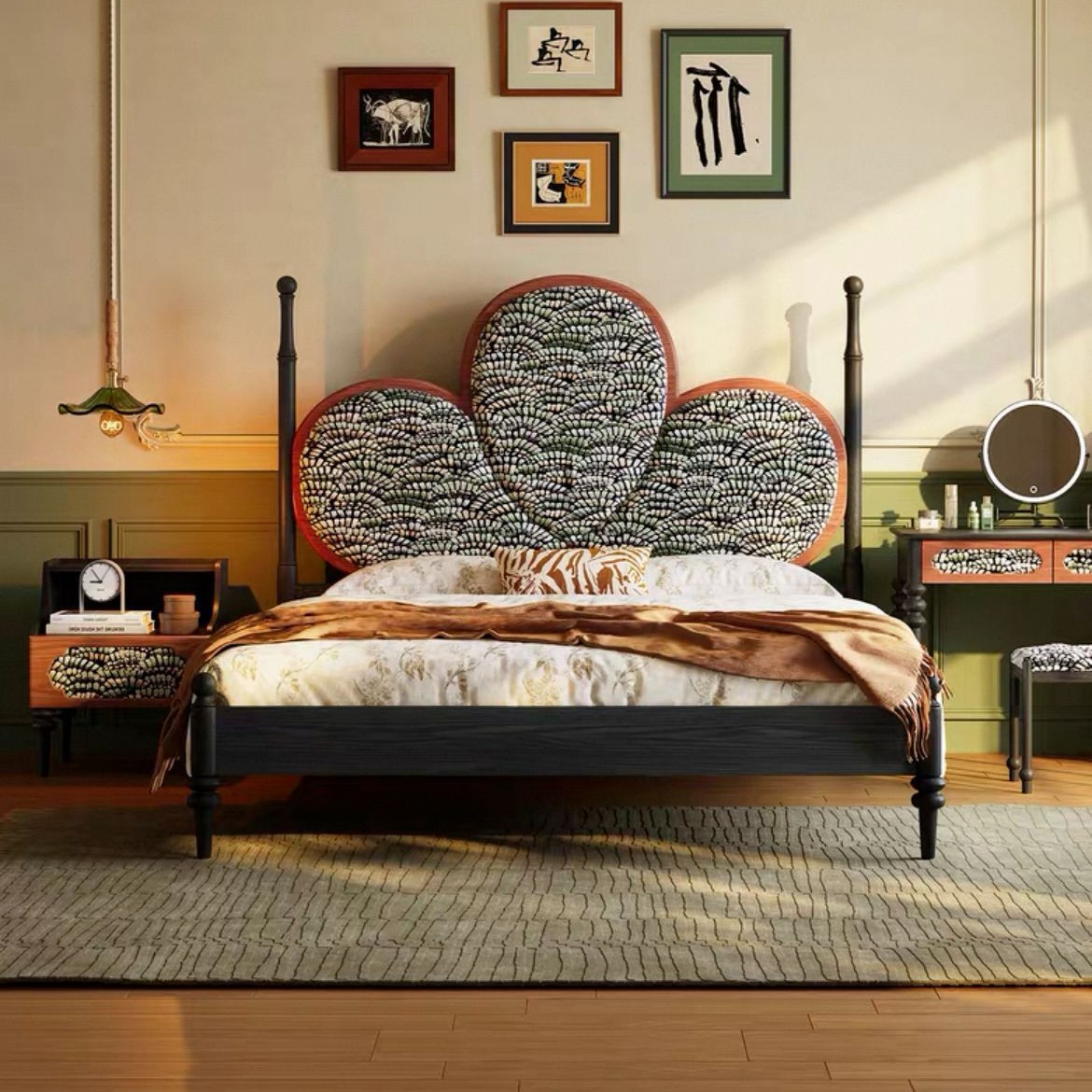 French Retro Bedroom Double Bed Dressing Table Telescopic Integrated Cabinet Combination Antique High Back Bed Set of Furniture