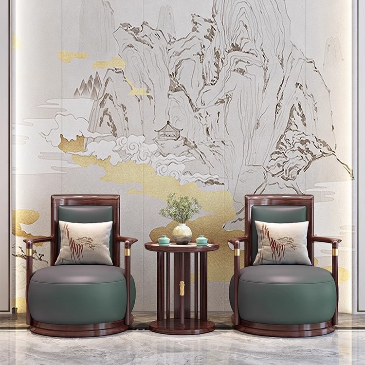 Ebony Solid Wood Leisure Chair Combination Three-Piece Set Genuine Leather Single Sofa Chair House Living Room Home Classy Furniture