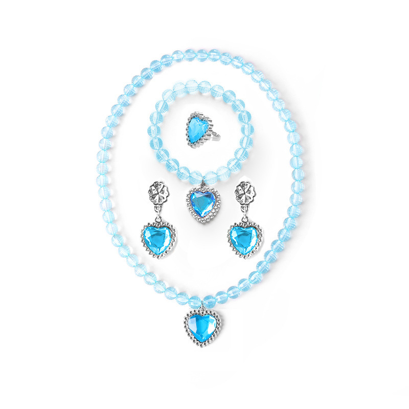 Frozen Heart Gemstone Children's Necklace Girls' Necklace Ear Clips Children's Jewelry Set Princess Costume Accessories