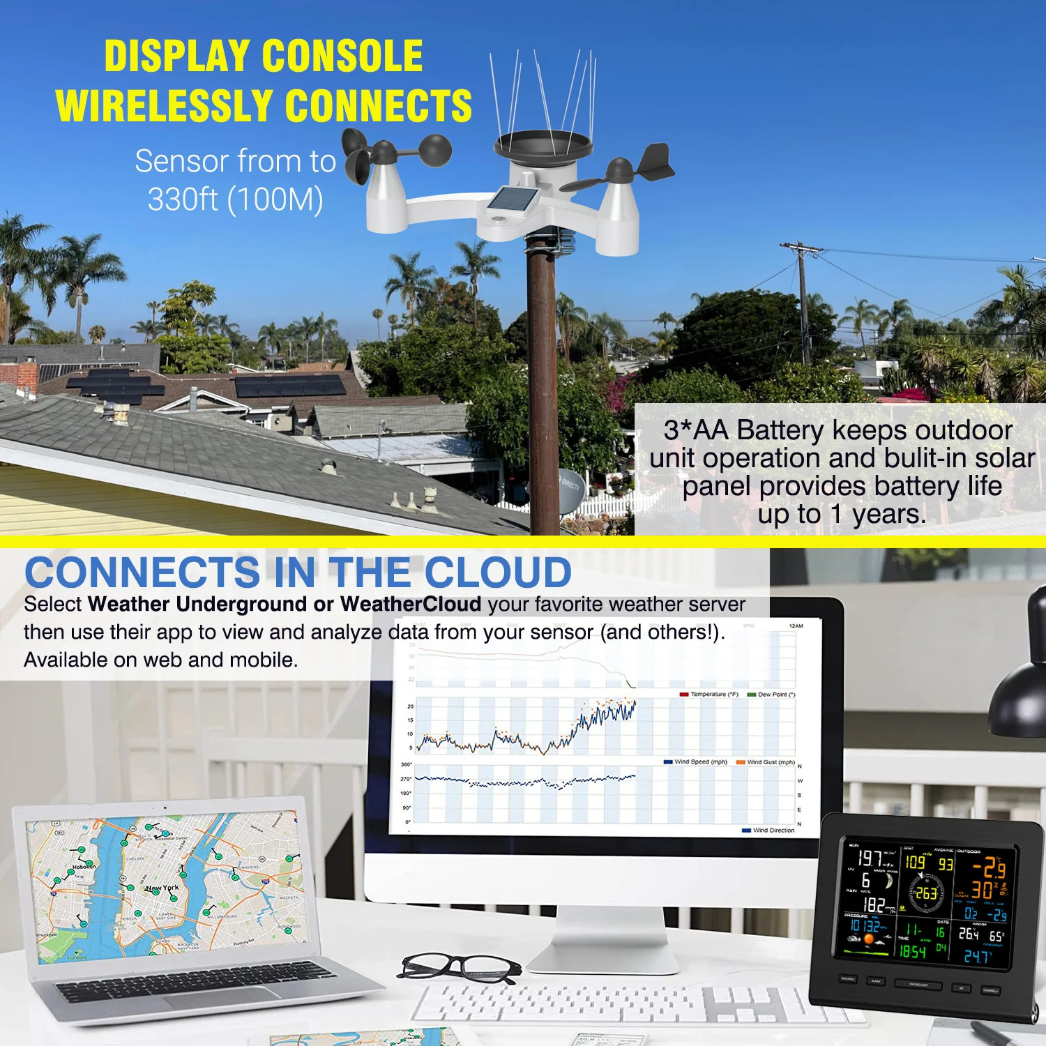 0360 7-in-1 Weather Station WIFI Wind Speed, Wind Direction, UV Illumination, Rainfall, Temperature and Humidity Weather Forecast Electronic Clock